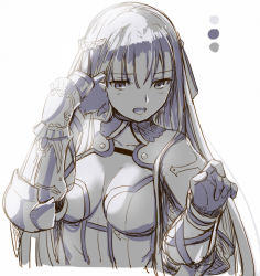 Rule 34 | 1girl, aoba (smartbeat), breasts, capelet, center opening, cleavage, fate/grand order, fate (series), gauntlets, greyscale, hair ribbon, highres, large breasts, long hair, martha (fate), monochrome, open mouth, ribbon, solo