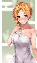 Rule 34 | 1girl, bare shoulders, blonde hair, blush, breasts, cleavage, collarbone, commentary request, hasumushi, highres, idolmaster, idolmaster cinderella girls, idolmaster cinderella girls starlight stage, kiryu tsukasa (idolmaster), large breasts, looking at viewer, naked towel, open mouth, purple eyes, solo, towel, wet, white towel