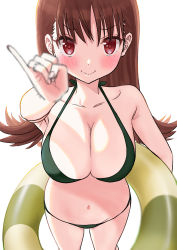 Rule 34 | 1girl, bikini, blurry, blurry foreground, blush, breasts, brown hair, cleavage, green bikini, highres, holding, holding swim ring, innertube, jewelry, kantai collection, kujira naoto, large breasts, long hair, looking at viewer, ooi (kancolle), pinky out, red eyes, ring, simple background, smile, solo, swim ring, swimsuit, wavy mouth, wedding band, white background