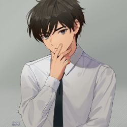 Rule 34 | 11ama, 1boy, artist name, black eyes, black hair, black necktie, closed mouth, collared shirt, grey background, hand up, long sleeves, looking at viewer, male focus, necktie, original, shirt, short hair, solo, upper body, white shirt