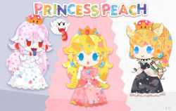 Rule 34 | 3girls, :o, armlet, black dress, blonde hair, blue eyes, boo (mario), bowsette, bracelet, brooch, character name, collar, colored tongue, commentary request, crown, dress, earrings, elbow gloves, english text, eyelashes, frilled collar, frilled dress, frilled gloves, frilled sleeves, frills, full body, ghost pose, gloves, hair between eyes, horns, jewelry, kikuchi milo, long hair, luigi&#039;s mansion, mario (series), multiple girls, new super mario bros. u deluxe, nintendo, pink dress, pink hair, ponytail, princess king boo, princess peach, puffy short sleeves, puffy sleeves, purple tongue, red eyes, sharp teeth, short sleeves, smile, spiked armlet, spiked bracelet, spiked collar, spiked shell, spikes, super crown, teeth, tongue, tongue out, turtle shell, very long hair, white dress, white gloves