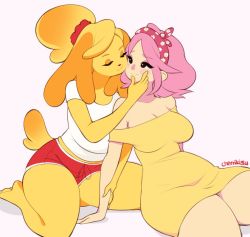 Rule 34 | 2girls, :3, alternate costume, animal crossing, animal ears, artist name, bare shoulders, black eyes, blonde hair, blush, blush stickers, breasts, cherrikissu, closed mouth, collarbone, dog ears, dog girl, dog tail, dress, closed eyes, eyeshadow, female focus, floral print, furry, furry female, hairband, half-closed eyes, hand up, happy, isabelle (animal crossing), jpeg artifacts, kneeling, large breasts, looking at another, makeup, multiple girls, nintendo, off shoulder, pink background, pink eyeshadow, pink hair, pink hairband, red shorts, scrunchie, shirt, short hair, short shorts, short sleeves, shorts, signature, simple background, sitting, skindentation, smile, tail, thick thighs, thighs, topknot, villager (animal crossing), white shirt, yellow dress, yuri