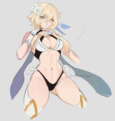 Rule 34 | 1girl, abs, artist name, bad id, bad twitter id, blonde hair, breasts, cleavage, closed mouth, cropped legs, flower, genshin impact, grey background, hair flower, hair ornament, highres, looking at viewer, lumine (genshin impact), navel, orangekissess, solo, swimsuit, thighhighs, twitter username, white flower, yellow eyes