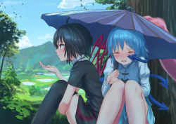 Rule 34 | 2girls, ^ ^, ahoge, asymmetrical wings, bird, black dress, black hair, black legwear, blue hair, blue skirt, blue sky, blue vest, blue wings, blush, closed eyes, cloud, commentary request, crying, day, dress, facing viewer, feet out of frame, from side, hair between eyes, hand up, holding, holding umbrella, houjuu nue, hugging own legs, juliet sleeves, knees up, long sleeves, miniskirt, mountain, multiple girls, nose blush, open mouth, outdoors, profile, puffy sleeves, purple umbrella, red eyes, red wings, roke (taikodon), shirt, short dress, short hair, short sleeves, sitting, skirt, skirt set, sky, tatara kogasa, tears, thighhighs, thighs, tongue, touhou, tree, umbrella, vest, white shirt, wings, zettai ryouiki