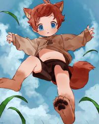 Rule 34 | 1boy, animal ears, animal hands, barefoot, blue eyes, child, cloud, cloudy sky, commentary, grass, highres, leaf, looking at viewer, looking down, male focus, nemui (nemuriyagi), original, outdoors, red hair, sky, solo, solo focus, tail