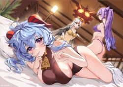 Rule 34 | 3girls, absurdres, ahoge, ass, babydoll, bed sheet, bell, blue hair, blurry, blurry background, bra, breasts, brown eyes, brown leotard, ceiling light, chandelier, cone hair bun, double bun, ganyu (genshin impact), genshin impact, goat horns, hair bun, highres, holding, holding smoking pipe, horns, indoors, keqing (genshin impact), large breasts, leotard, long hair, looking at another, looking at viewer, lying, medium breasts, multiple girls, neck bell, ningguang (genshin impact), on side, panties, parted lips, pillow, purple bra, purple eyes, purple hair, purple panties, smoking pipe, solo focus, standing, thighs, thong, twintails, underwear, underwear only, very long hair, volar uwu, wavy hair, white hair, yellow bra, yellow panties