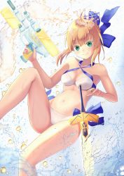 Rule 34 | 1girl, absurdres, ahoge, artoria pendragon (fate), artoria pendragon (swimsuit archer) (fate), artoria pendragon (swimsuit archer) (first ascension) (fate), bikini, blonde hair, blue bow, bow, breasts, cleavage, excalibur (fate/stay night), fate/grand order, fate (series), green eyes, gun, hair between eyes, hair bow, halterneck, highres, holding, holding gun, holding weapon, hoshi (artoria 0518), looking at viewer, navel, pixiv fate/grand order contest 2, short hair with long locks, sidelocks, small breasts, smile, solo, swimsuit, sword, water, water gun, weapon, white bikini