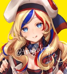 Rule 34 | 1girl, :q, bad id, bad twitter id, beret, blonde hair, blue eyes, blue hair, breasts, cleavage, commandant teste (kancolle), hair ornament, hairclip, hat, highres, kantai collection, long hair, long sleeves, looking at viewer, medium breasts, multicolored clothes, multicolored hair, multicolored scarf, one-hour drawing challenge, red hair, scarf, simple background, smile, solo, streaked hair, tongue, tongue out, tsunonigau, twitter username, upper body, white hair, yellow background