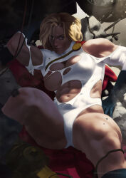 Rule 34 | abs, absurdres, accidental exposure, blonde hair, blue eyes, blue gloves, breasts, cape, cleavage cutout, clothing cutout, dc comics, dima ivanov, feet out of frame, fire hydrant, glaring, gloves, hand on ground, highleg, highleg leotard, highres, large breasts, leotard, lifting vehicle, muscular, muscular female, nipple slip, nipples, on ground, power girl, rebar, reclining, red cape, rubble, thick thighs, thighs, tire, torn clothes, torn leotard, white leotard