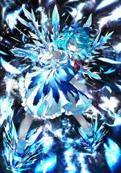 Rule 34 | 1girl, blue bow, blue dress, blue eyes, blue footwear, blue hair, blue nails, bow, chamaruk, cirno, collared shirt, cryokinesis, dress, fairy, fingernails, full body, hair bow, highres, ice, ice wings, nail polish, open mouth, pinafore dress, shirt, short hair, short sleeves, sleeveless, sleeveless dress, socks, solo, touhou, white shirt, white socks, wings