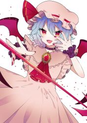 Rule 34 | 1girl, arms up, ascot, bat wings, blue hair, blush, choker, commentary request, confetti, dress, eyes visible through hair, fang, fingernails, gem, hair between eyes, hands up, hat, hat ribbon, highres, jewelry, long fingernails, mob cap, nail polish, necono (nyu6poko), open mouth, pink dress, pink hat, polearm, purple choker, purple nails, red ascot, red gemstone, red ribbon, remilia scarlet, ribbon, short hair, short sleeves, simple background, smile, solo, spear, spear the gungnir, standing, star (symbol), tongue, touhou, weapon, white background, wings, wrist cuffs