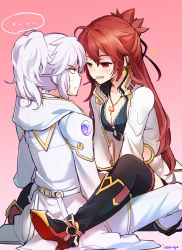 Rule 34 | ..., add (elsword), bad id, bad pixiv id, blazing heart (elsword), blush, boots, breasts, cleavage, cloak, elesis (elsword), elsword, food, gradient background, high heel boots, high heels, highres, icedango (dpopic3), long hair, mastermind (elsword), pink background, pocky, red eyes, red hair, sitting, smile, thighhighs, white background, white hair