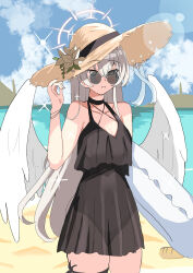 Rule 34 | 1girl, absurdres, alternate costume, angel wings, beach, black one-piece swimsuit, blue archive, dxivodka, feathered wings, halo, highres, light brown hair, nagisa (blue archive), ocean, one-piece swimsuit, sand, see-through, see-through one-piece swimsuit, solo, swim ring, swimsuit, white wings, wings