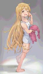 Rule 34 | 10s, 1girl, bare legs, bare shoulders, barefoot, blonde hair, blush, brown eyes, clothes writing, collarbone, commentary request, flat chest, futaba anzu, hair down, idolmaster, idolmaster cinderella girls, long hair, looking at viewer, messy hair, modare, one eye closed, open mouth, rubbing eyes, shirt, sleepy, sleeveless, solo, standing, stuffed animal, stuffed rabbit, stuffed toy, t-shirt, tank top, tears, waking up