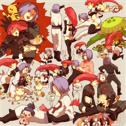 Rule 34 | 1boy, 1girl, alternate costume, cacnea, cape, carnivine, casual, chimecho, clothes writing, coin, creatures (company), double v, elbow gloves, flower, game freak, gen 1 pokemon, gen 3 pokemon, gen 4 pokemon, giraf07, gloves, hat, james (pokemon), jessie (pokemon), jumping, laughing, meowth, midriff, mime jr., nagi (giraf07), nintendo, pikachu, pokemon, pokemon (anime), pokemon (creature), pokemon bw (anime), pokemon dppt (anime), pokemon move, pokemon rse (anime), red flower, red rose, rose, sleeping, smile, surprised, team rocket, thighhighs, translation request, v