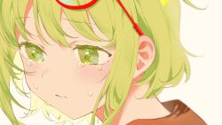 Rule 34 | 1girl, blunt ends, blush, brown shirt, closed mouth, crying, eyewear on head, flipped hair, from side, glasses, green eyes, green hair, gumi, highres, looking to the side, messy hair, omutatsu, pointy hair, red-framed eyewear, round eyewear, sad, shirt, short hair, short hair with long locks, simple background, solo, streaming tears, tears, vocaloid, wavy mouth, white background, yowamushi mont-blanc (vocaloid)
