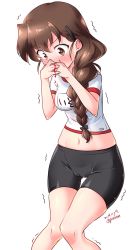 Rule 34 | 1girl, artist name, bike shorts, blood, blush, bow, braid, braided ponytail, breasts, brown eyes, brown hair, cameltoe, covered mouth, dated, girls und panzer, gym uniform, hair bow, hair ornament, hairclip, highres, kuzuryuu kennosuke, long hair, midriff, navel, nosebleed, one-hour drawing challenge, rukuriri (girls und panzer), shiny skin, simple background, small breasts, solo, standing, trembling, white background