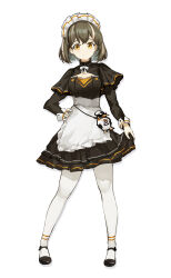 Rule 34 | 1girl, absurdres, alternate costume, apron, arknights, black dress, black footwear, black skirt, bow, breasts, brown eyes, brown hair, closed mouth, commentary request, dress, earrings, enmaided, frilled apron, frills, full body, hand on own hip, highres, jewelry, long sleeves, looking at viewer, magallan (arknights), maid, maid headdress, multicolored hair, pantyhose, shoes, simple background, skirt, small breasts, smile, solo, streaked hair, waist apron, white apron, white background, white bow, white pantyhose, zzq