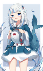 Rule 34 | 1girl, absurdres, animal costume, bloop (gawr gura), blue eyes, blue hair, blue hoodie, blue nails, blunt bangs, fins, fish tail, gawr gura, gawr gura (1st costume), hair ornament, highres, hololive, hololive english, hood, hoodie, looking at viewer, medium hair, multicolored hair, nail polish, open mouth, shark costume, shark hair ornament, shark tail, sidelocks, snmdx, solo, streaked hair, tail, two side up, virtual youtuber, white hair