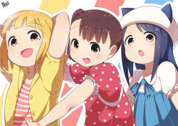 Rule 34 | 10s, 3girls, :d, absurdres, akamatsu yui, aoyama kotoha (mitsuboshi colors), arms behind head, blonde hair, blue hair, blue ribbon, brown eyes, brown hair, chestnut mouth, child, collarbone, dress, hair bobbles, hair ornament, hat, hat with ears, highres, jacket, kamonegi (meisou1998), kise saki, layered dress, looking at viewer, mitsuboshi colors, multiple girls, open clothes, open jacket, open mouth, outstretched arm, polka dot, polka dot dress, puffy short sleeves, puffy sleeves, red dress, ribbon, shirt, short hair, short sleeves, side ponytail, smile, striped background, striped clothes, striped shirt, upper body