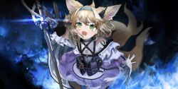 Rule 34 | 1girl, animal ear fluff, animal ears, apron, arknights, arm up, bare shoulders, black gloves, blonde hair, blue fire, blue hairband, braid, braided hair rings, fire, fox ears, fox girl, fox tail, gloves, green eyes, hair between eyes, hair rings, hairband, kyushi (user 41158199), open mouth, outstretched arm, pleated skirt, purple skirt, shirt, single glove, skirt, solo, suzuran (arknights), tail, tears, waist apron, white apron, white shirt