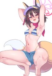 Rule 34 | 1girl, absurdres, animal ear fluff, animal ears, armpits, ass, barefoot, bikini, black hair, blue archive, blue shorts, blush, breasts, cleavage, commission, eyeshadow, fox ears, fox tail, hair between eyes, halo, highres, izuna (blue archive), izuna (swimsuit) (blue archive), looking at viewer, makeup, medium breasts, medium hair, navel, official alternate costume, open mouth, pink halo, red eyeshadow, short sleeves, shorts, simple background, skeb commission, smile, solo, striped bikini, striped clothes, sutora binsuke, swimsuit, tail, toes, white background, yellow eyes