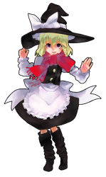 Rule 34 | 1girl, apron, black dress, blonde hair, boots, dress, female focus, frills, full body, hat, kirisame marisa, looking at viewer, neko8, perfect cherry blossom, red eyes, red scarf, scarf, simple background, smile, solo, standing, touhou, white background, witch hat