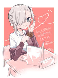 Rule 34 | 1girl, :t, black scrunchie, brown cardigan, cardigan, chair, closed mouth, collared shirt, desk, eating, food, food on face, grey eyes, grey hair, hair ornament, hair scrunchie, heart, highres, holding, holding food, ishikawa luna, nikki kyousuke, off shoulder, on chair, open cardigan, open clothes, original, pencil case, pointy ears, red background, school chair, school desk, school uniform, scrunchie, shirt, side ponytail, sitting, solo, translation request, two-tone background, white background, white shirt