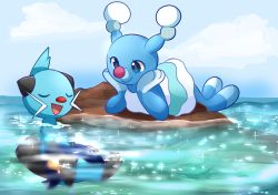 Rule 34 | blue sky, brionne, closed eyes, cloud, creatures (company), day, dewott, game freak, gen 5 pokemon, gen 7 pokemon, head rest, looking at another, nintendo, no humans, non-web source, ocean, open mouth, outdoors, partially submerged, pink (4chan), pokemon, pokemon (creature), pokemon sm, sky, smile, water