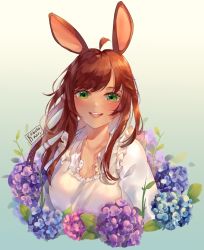 Rule 34 | 1girl, :d, ahoge, animal ears, apron, artist name, blue flower, brown hair, collared shirt, commentary, commission, copyright request, dress shirt, english commentary, flower, frilled apron, frills, green eyes, kobutanori, long hair, looking at viewer, open mouth, pink flower, purple flower, rabbit ears, shirt, smile, solo, teeth, upper body, upper teeth only, virtual youtuber, white apron, white shirt