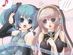 Rule 34 | 00s, 2girls, aqua eyes, aqua hair, bare shoulders, blush, breasts, frapowa, hatsune miku, headphones, large breasts, long hair, looking at another, matching hair/eyes, megurine luka, multiple girls, music, musical note, open mouth, pink hair, singing, small breasts, smile, sparkle, twintails, upper body, vocaloid
