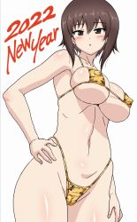 Rule 34 | 1girl, 2022, animal print, bikini, blush, breasts, brown eyes, brown hair, cameltoe, chinese zodiac, cleavage, collarbone, covered erect nipples, from below, girls und panzer, hand on own hip, highres, large breasts, looking at viewer, looking down, muchabou, navel, nishizumi maho, open mouth, shiny skin, short hair, simple background, solo, swimsuit, tiger print, white background, year of the tiger