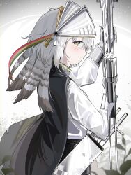 Rule 34 | 1girl, absurdres, arknights, arm up, black cape, black skirt, blush, brown eyes, cape, closed mouth, fartooth (arknights), gloves, grey gloves, grey hair, gun, hair between eyes, hand up, highres, holding, holding gun, holding weapon, long sleeves, profile, puffy long sleeves, puffy sleeves, shirt, skirt, solo, spam (spamham4506), visor (armor), weapon, white shirt