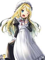 Rule 34 | 1boy, 2girls, apron, blonde hair, blue eyes, blush, commentary request, hat, jervis (kancolle), juliet sleeves, kamoi (kancolle), kantai collection, long hair, long sleeves, maid, maid apron, maid cap, mob cap, multiple girls, one eye closed, puffy sleeves, simple background, smile, solo focus, t-head admiral, unowen, white apron, white background, white hair, white hat