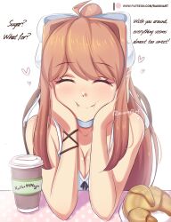 Rule 34 | 1girl, :i, ^ ^, absurdres, artist name, bare arms, bare shoulders, breasts, brown hair, cheek squash, cleavage, closed eyes, collarbone, commentary, croissant, cup, disposable cup, doki doki literature club, english commentary, english text, facing viewer, food, hair ribbon, hands on own cheeks, hands on own face, happy, heart, highres, long hair, medium breasts, monika (doki doki literature club), patreon username, ponytail, pov, raion (raionart), ribbon, sidelocks, solo, upper body, white ribbon