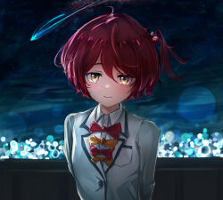 Rule 34 | 1girl, absurdres, blazer, blush, bow, bowtie, city lights, closed mouth, highres, huijin, jacket, komari chika, long sleeves, looking at viewer, make heroine ga oo sugiru!, night, night sky, one side up, outdoors, red bow, red bowtie, red hair, school uniform, shooting star, sky, solo, star (sky), starry sky, upper body, white jacket, winter uniform, yellow bow, yellow bowtie, yellow eyes