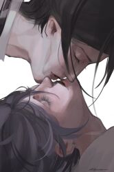 2boys absurdres age_difference black_hair ciel_phantomhive closed_eyes colored_eyelashes demon demon_boy earrings eyelashes hashtag-only_commentary highres hpeaverrr imminent_kiss jewelry kuroshitsuji lips male_focus md5_mismatch multiple_boys parted_lips pointy_ears realistic sebastian_michaelis yaoi