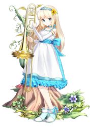 Rule 34 | 1girl, a-senmei, armlet, blonde hair, blue dress, blue eyes, blue footwear, blue hairband, bridal gauntlets, dress, flower, full body, hair flower, hair ornament, hairband, hearts recollection, high heels, highres, instrument, looking at viewer, mushroom, plaid, plaid dress, plant, ribbon trim, simple background, solo, standing, sunflower, tree stump, trombone, vines, white background, white dress