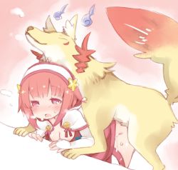 Rule 34 | 1girl, all fours, azumasa, bestiality, blush, bottomless, breasts, clothed sex, fire emblem, fire emblem fates, fox, from side, highres, implied sex, interspecies, kaden (fire emblem), kitsune, nintendo, nipples, open mouth, pink hair, sakura (fire emblem), sex, sex from behind, small breasts, sweat, tongue