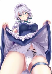 Rule 34 | 1girl, amisu, apron, blue eyes, blush, braid, breasts, closed mouth, cowboy shot, frilled apron, frills, from below, izayoi sakuya, large breasts, lifted by self, lingerie, looking at viewer, maid apron, maid headdress, panties, puffy short sleeves, puffy sleeves, short hair, short sleeves, side braid, silver hair, simple background, smile, solo, thigh strap, thighs, touhou, twin braids, underwear, upskirt, waist apron, white background