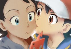 Rule 34 | 2boys, ash ketchum, baseball cap, black hair, blue eyes, blurry, brown eyes, closed mouth, collarbone, commentary request, creatures (company), game freak, gen 4 pokemon, goh (pokemon), hat, light frown, looking at another, looking down, male focus, matsuno opa, multiple boys, neck, nibbling, nintendo, pokemon, pokemon (anime), pokemon (creature), pokemon journeys, rotom, rotom phone, shirt, surprised, t-shirt, upper body, yaoi