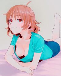 Rule 34 | 10s, 1girl, ahoge, araki hina, bare arms, bare legs, barefoot, bed sheet, blue shirt, blush, breasts, brown hair, cleavage, commentary, crossed arms, downblouse, haioku colonel, highres, idolmaster, idolmaster cinderella girls, light smile, looking up, lying, medium breasts, no bra, on stomach, orange eyes, shirt, short shorts, short sleeves, shorts, sketch, solo, t-shirt, wavy hair, wavy mouth