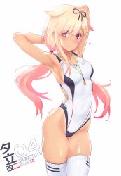 Rule 34 | 1girl, armpits, arms up, blonde hair, blush, breasts, character name, collarbone, competition swimsuit, dan (kumadan), hair between eyes, hair flaps, hair ornament, hair ribbon, hairclip, heart, highleg, highleg swimsuit, highres, kantai collection, long hair, looking at viewer, low twintails, one-piece swimsuit, red eyes, ribbon, simple background, skindentation, solo, swimsuit, tan, thighhighs, twintails, whistle, whistle around neck, white background, white one-piece swimsuit, white thighhighs, yuudachi (kancolle), yuudachi kai ni (kancolle)