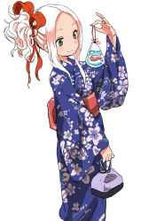 Rule 34 | 1girl, fish, fudatsuki kyouko, fudatsuki no kyouko-chan, hair ribbon, japanese clothes, kimono, koi, long hair, original, ponytail, ribbon, simple background, solo, white hair, yamamoto souichirou, yukata