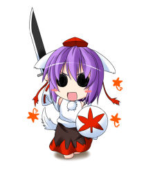 Rule 34 | 1girl, animal ears, arm up, blush stickers, chibi, cosplay, detached sleeves, female focus, hat, ichimi, inubashiri momiji, inubashiri momiji (cosplay), kemonomimi mode, nagae iku, open mouth, purple hair, shield, skirt, smile, solid circle eyes, solo, sword, tail, tokin hat, touhou, weapon, wolf ears, wolf tail