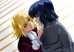 Rule 34 | 1boy, 1girl, artist name, ascot, athrun zala, blonde hair, blue hair, brown jacket, cagalli yula athha, couple, eye contact, fumiko (mesushi), green eyes, grey jacket, gundam, gundam seed, gundam seed freedom, hand on another&#039;s chin, jacket, looking at another, smile, white ascot, yellow background, yellow eyes