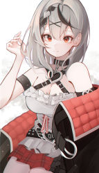 Rule 34 | 1girl, absurdres, arm belt, armband, bad id, bad pixiv id, belt, black hair, blush, braid, breasts, buckle, chest harness, cleavage, collar, cross-eyed, e name, frilled skirt, frills, grey hair, hand up, harness, heart, heart-shaped buckle, highres, hololive, jacket, large breasts, long hair, multicolored hair, off shoulder, plaid, plaid skirt, pleated skirt, red eyes, ribbon, sakamata chloe, shirt, sitting, skirt, sleeveless, sleeveless shirt, solo, streaked hair, studded belt, two-tone hair, virtual youtuber