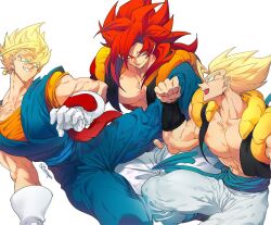 blue_eyes blue_sash closed_mouth dougi dragon_ball dragon_ball_gt dragonball_z earrings gloves gogeta jewelry male_focus metamoran_vest monkey_boy monkey_tail multiple_boys muscular muscular_male ommmyoh open_mouth pants potara_earrings red_fur saiyan sash smile spiked_hair super_saiyan super_saiyan_1 super_saiyan_4 tail twitter_username vegetto