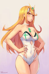 Rule 34 | 1girl, blonde hair, blush, breasts, chest jewel, closed mouth, commentary, covered navel, embarrassed, female focus, frown, gem, gradient background, hands on own hips, headpiece, highres, long hair, looking at viewer, medium breasts, mythra (radiant beach) (xenoblade), mythra (xenoblade), one-piece swimsuit, phrecklesart, ribbed swimsuit, simple background, solo, standing, strapless, strapless one-piece swimsuit, striped clothes, striped one-piece swimsuit, swimsuit, thighs, tiara, two-tone swimsuit, vertical-striped clothes, vertical-striped one-piece swimsuit, white one-piece swimsuit, xenoblade chronicles (series), xenoblade chronicles 2, yellow eyes