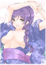 Rule 34 | 10s, 1girl, arms up, blush, braid, breasts, frapowa, green eyes, hair censor, hair over breasts, japanese clothes, kimono, long hair, looking at viewer, love live!, love live! school idol festival, love live! school idol project, purple hair, smile, solo, sparkle, tojo nozomi